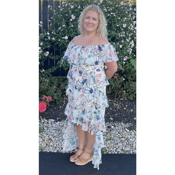 BADGLEY MISCHKA White Floral Printed Off-Shoulder Ruffles High-Low Maxi Dress 16 - Picture 5 of 16